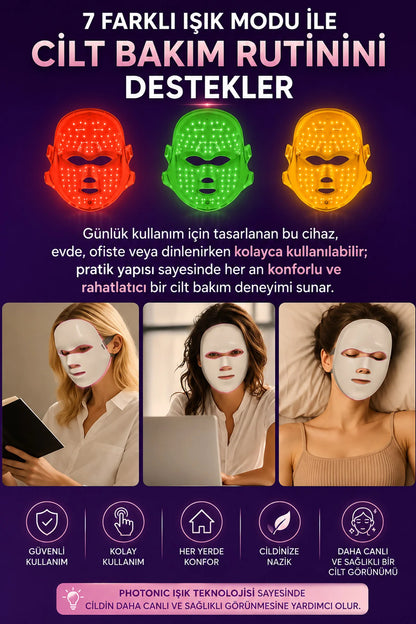 Işıklı Yüz Bakım Maskesi 7 Renk LED Işık Yüz Cilt Bakım Sıkılaştırıcı Terapi Cihazı Şarlı 400mAh
