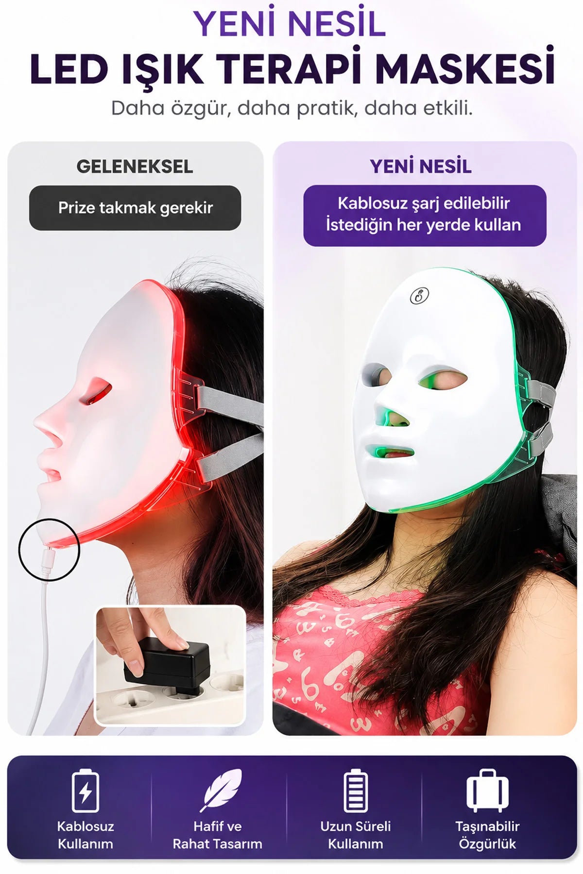 Işıklı Yüz Bakım Maskesi 7 Renk LED Işık Yüz Cilt Bakım Sıkılaştırıcı Terapi Cihazı Şarlı 400mAh