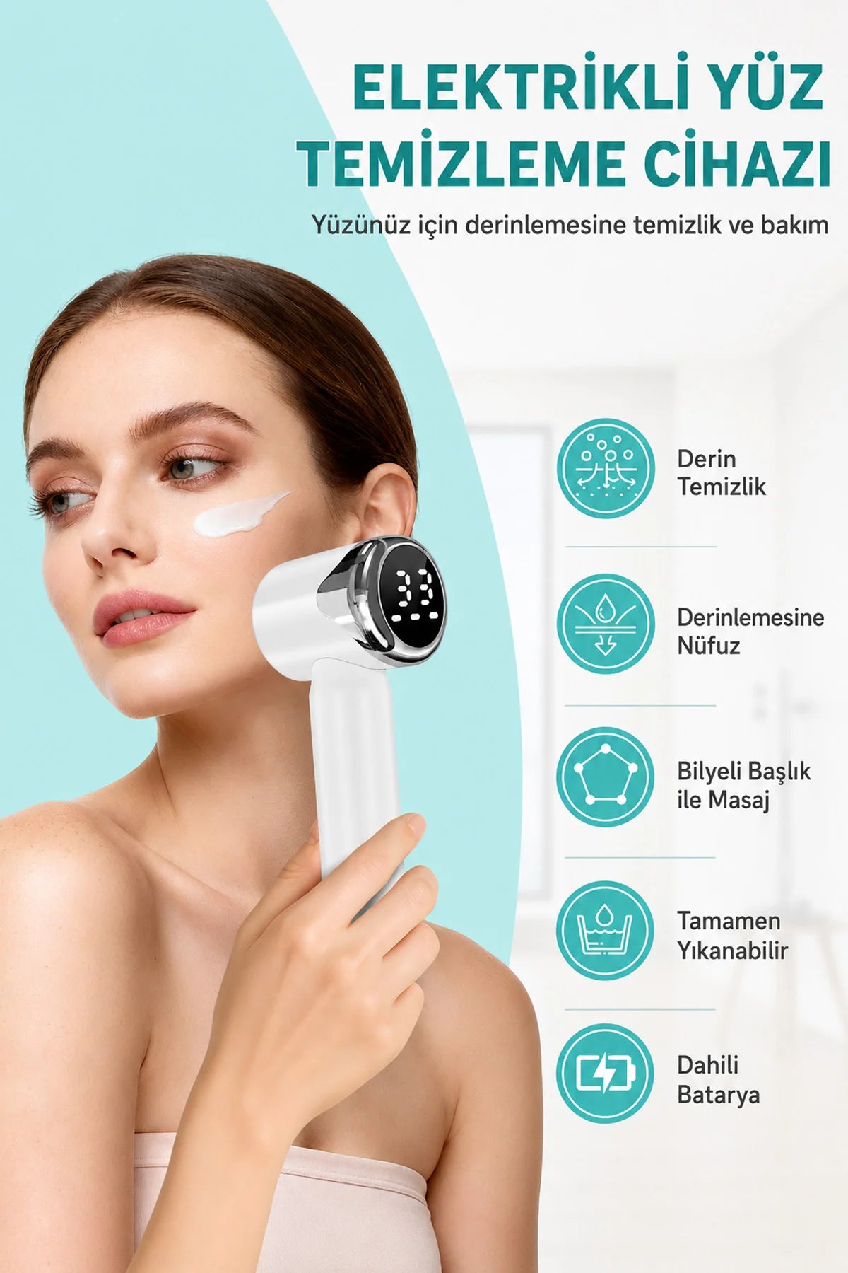 Makyaj Yüz Temizleme Bakım Masaj Cihazı 15 Kademeli LED Ekran Peeling Cilt Bakımı Şarjlı 1000mAh 6 Başlıklı