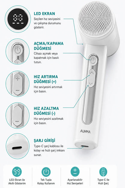 Makyaj Yüz Temizleme Bakım Masaj Cihazı 15 Kademeli LED Ekran Peeling Cilt Bakımı Şarjlı 1000mAh 6 Başlıklı