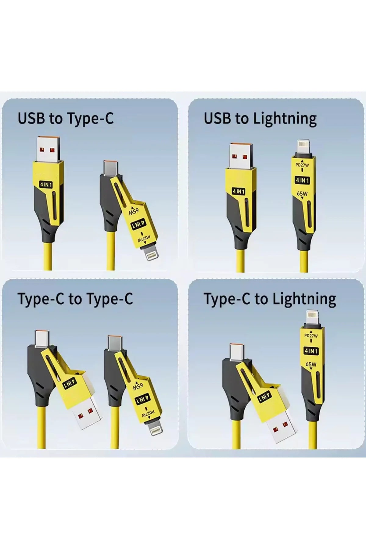 65W Çok Fonksiyonlu 4'ü Bir Arada USB Type C Lighting Mikro Çoklu Şarj Kablosu PD Hızlı Şarj