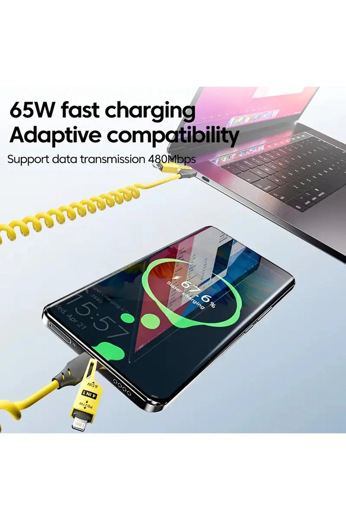 65W Çok Fonksiyonlu 4'ü Bir Arada USB Type C Lighting Mikro Çoklu Şarj Kablosu PD Hızlı Şarj