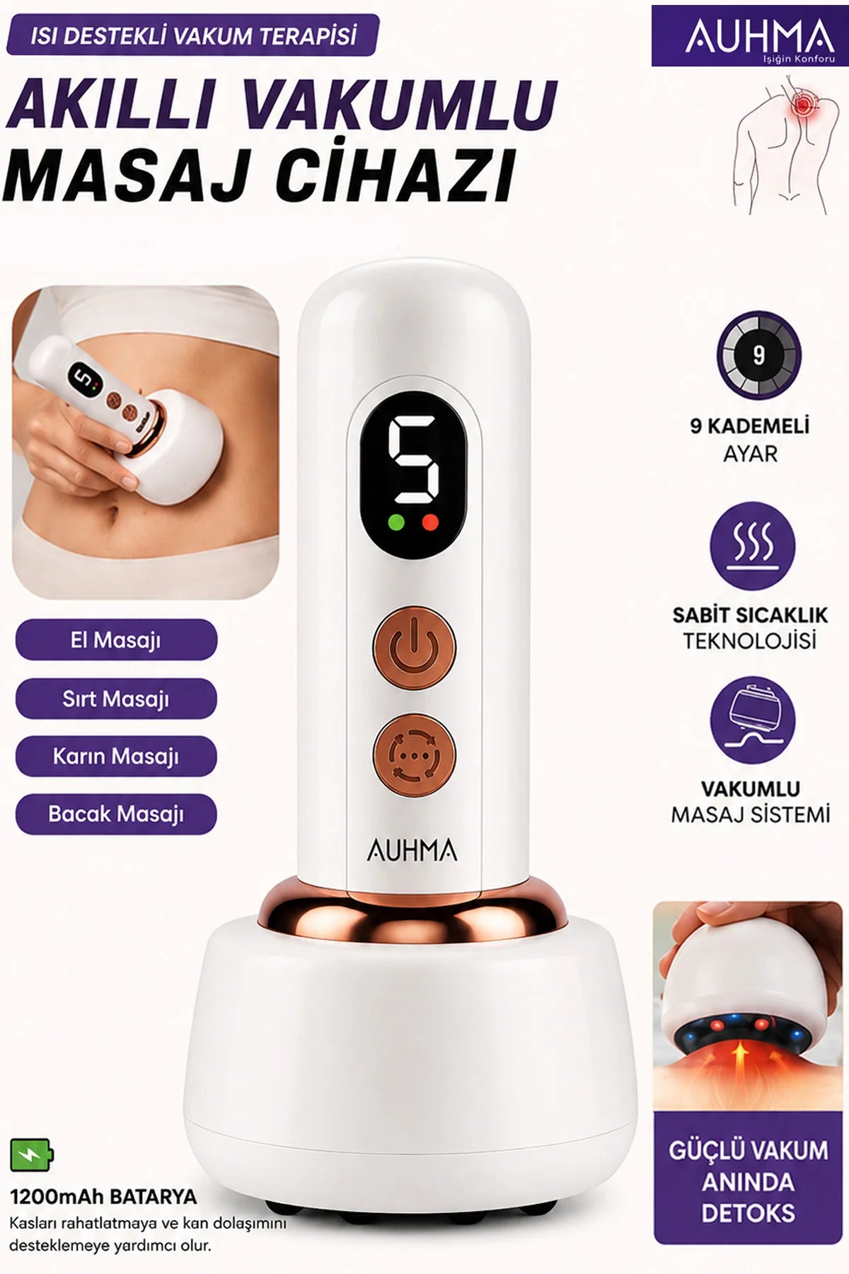 Auhma AMG42 Isı Destekli Vakumlu Kupa Çekme Sırt Bel Bardak Çekme Aleti Masaj Terapi Cihazı 1200mAh Şarlı