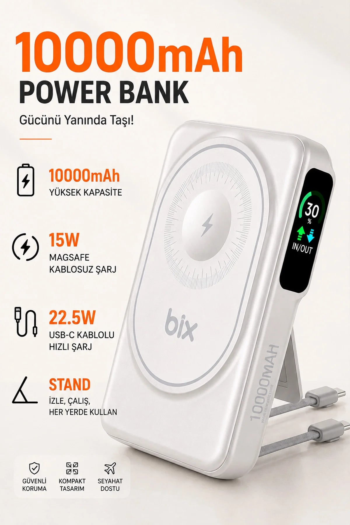 Kablosuz Magsafe Powerbank 10000 mAh 20W Hızlı Şarj 15W Standlı iPhone 12-13-14-15-16-17 Uyumlu