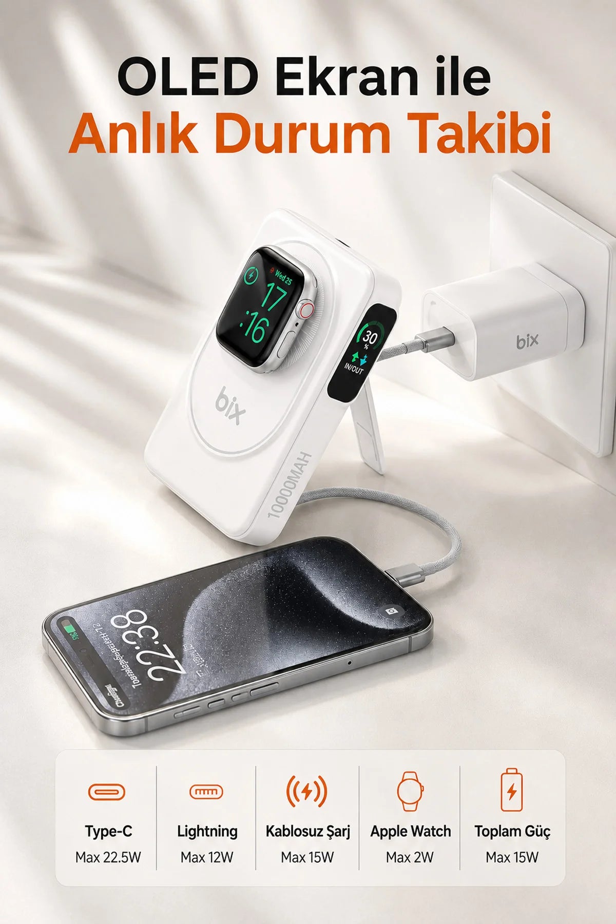 Kablosuz Magsafe Powerbank 10000 mAh 20W Hızlı Şarj 15W Standlı iPhone 12-13-14-15-16-17 Uyumlu