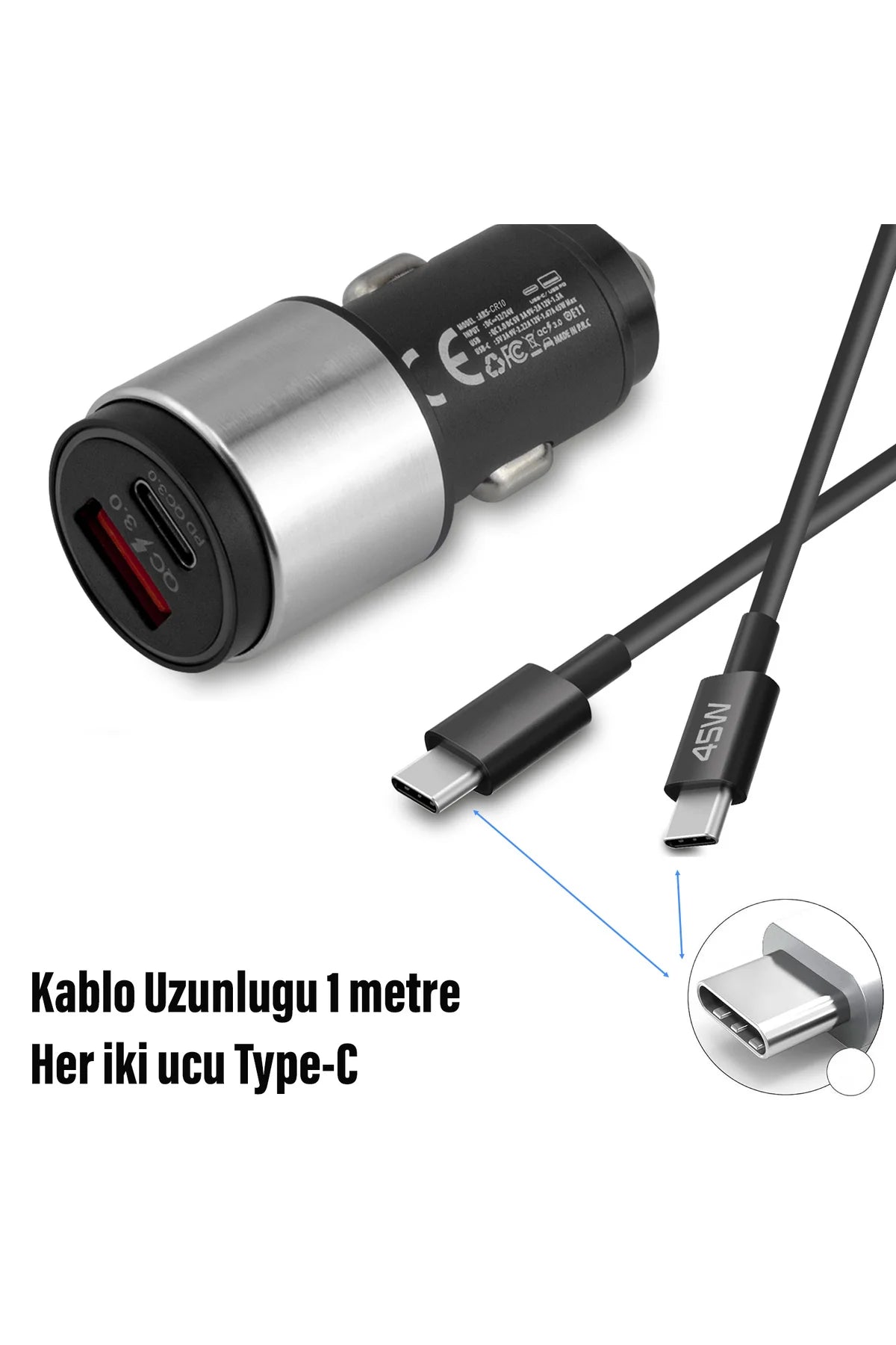 45W Hızlı Araç Şarj Aleti Type C Samsung iPhone Telefonlar İçin 45W Hızlı Araba Şarjı Cihazı ve Kablo