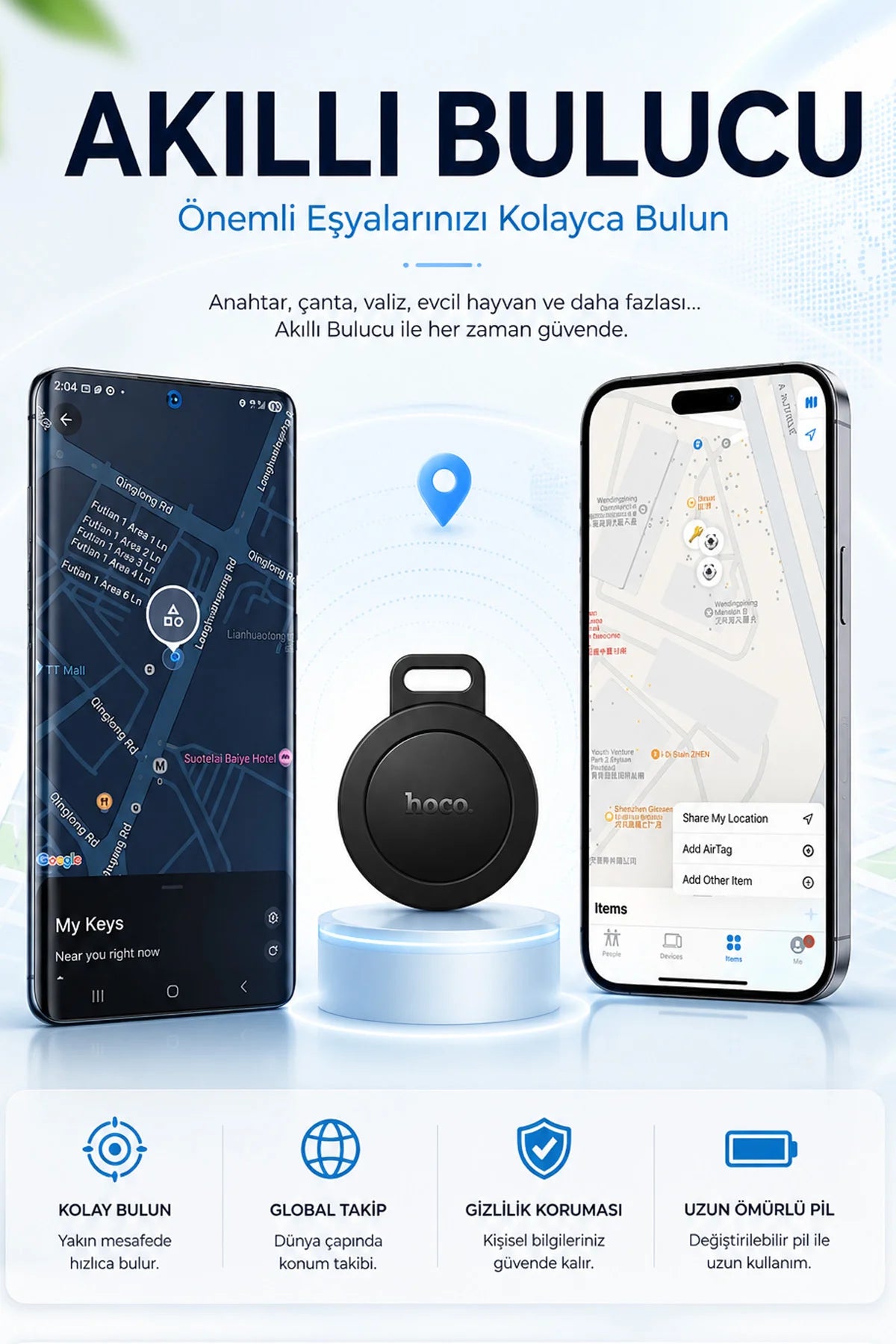 Takip Cihazı iPhone AirTag ve Android Uyumlu Mini Eşya Araç Motor Takip Cihazı Mini Bulucu