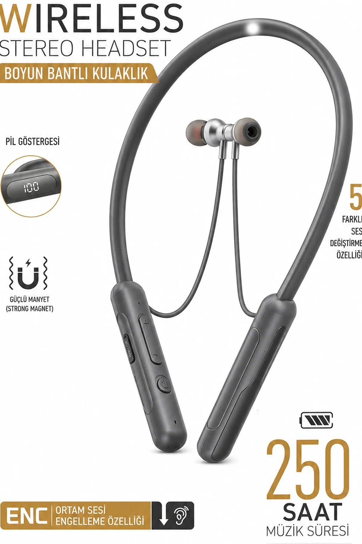 Boyun Askılı Bluetooh Kulaklık Sporcu Yürüyüş Kulaklığı Kablosuz 250 Saat Konuşma Müzik Dinleme ENC