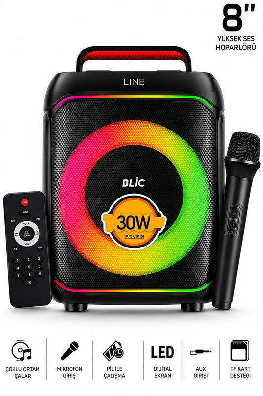 Mikrofonlu Blic BLS-80 30W Kablosuz Bluetooth Hoparlör 8 İnc LED Işıklı Karaoke Parti Hoparlörü