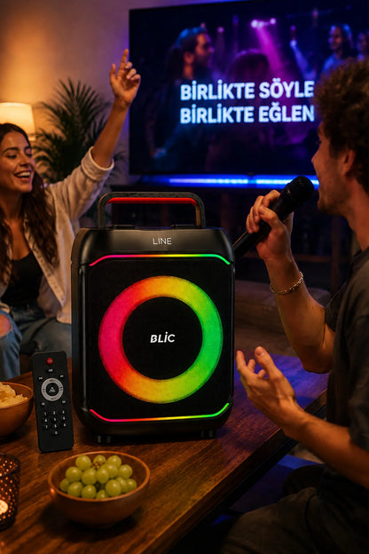 Mikrofonlu Blic BLS-80 30W Kablosuz Bluetooth Hoparlör 8 İnc LED Işıklı Karaoke Parti Hoparlörü