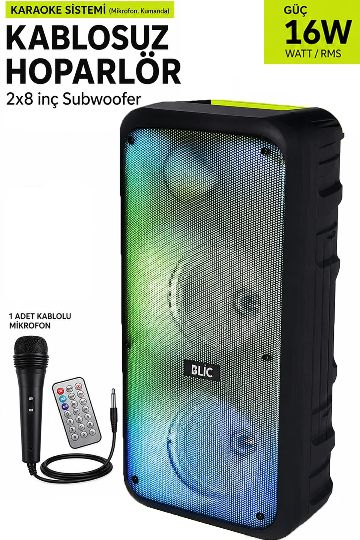 BLS-49 16W RGB Bluetooth Mikrofonlu Kumandalı Kareoke Kablosuz Hoparlör