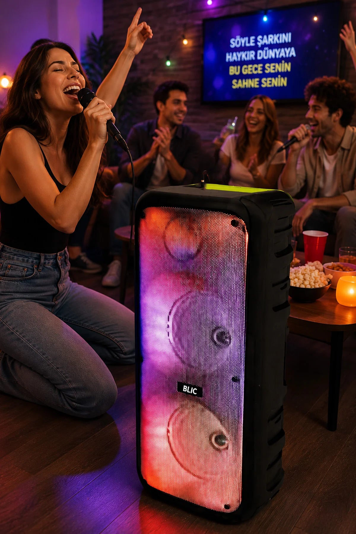 BLS-49 16W RGB Bluetooth Mikrofonlu Kumandalı Kareoke Kablosuz Hoparlör