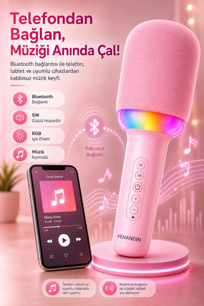 Kablosuz Bluetooth Karaoke Mikrofonu 5W RGB Işıklı Taşınabilir Kablosuz Mikrofon Şarjlı 1200 mAh
