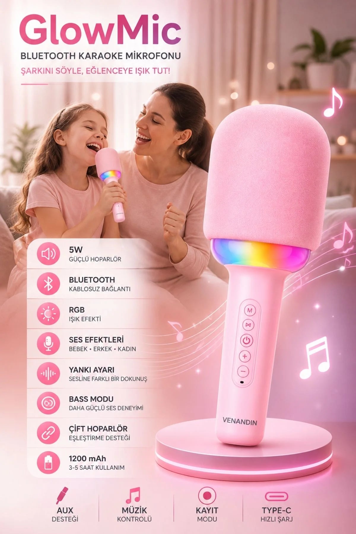 Kablosuz Bluetooth Karaoke Mikrofonu 5W RGB Işıklı Taşınabilir Kablosuz Mikrofon Şarjlı 1200 mAh