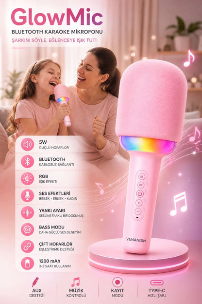 Kablosuz Bluetooth Karaoke Mikrofonu 5W RGB Işıklı Taşınabilir Kablosuz Mikrofon Şarjlı 1200 mAh