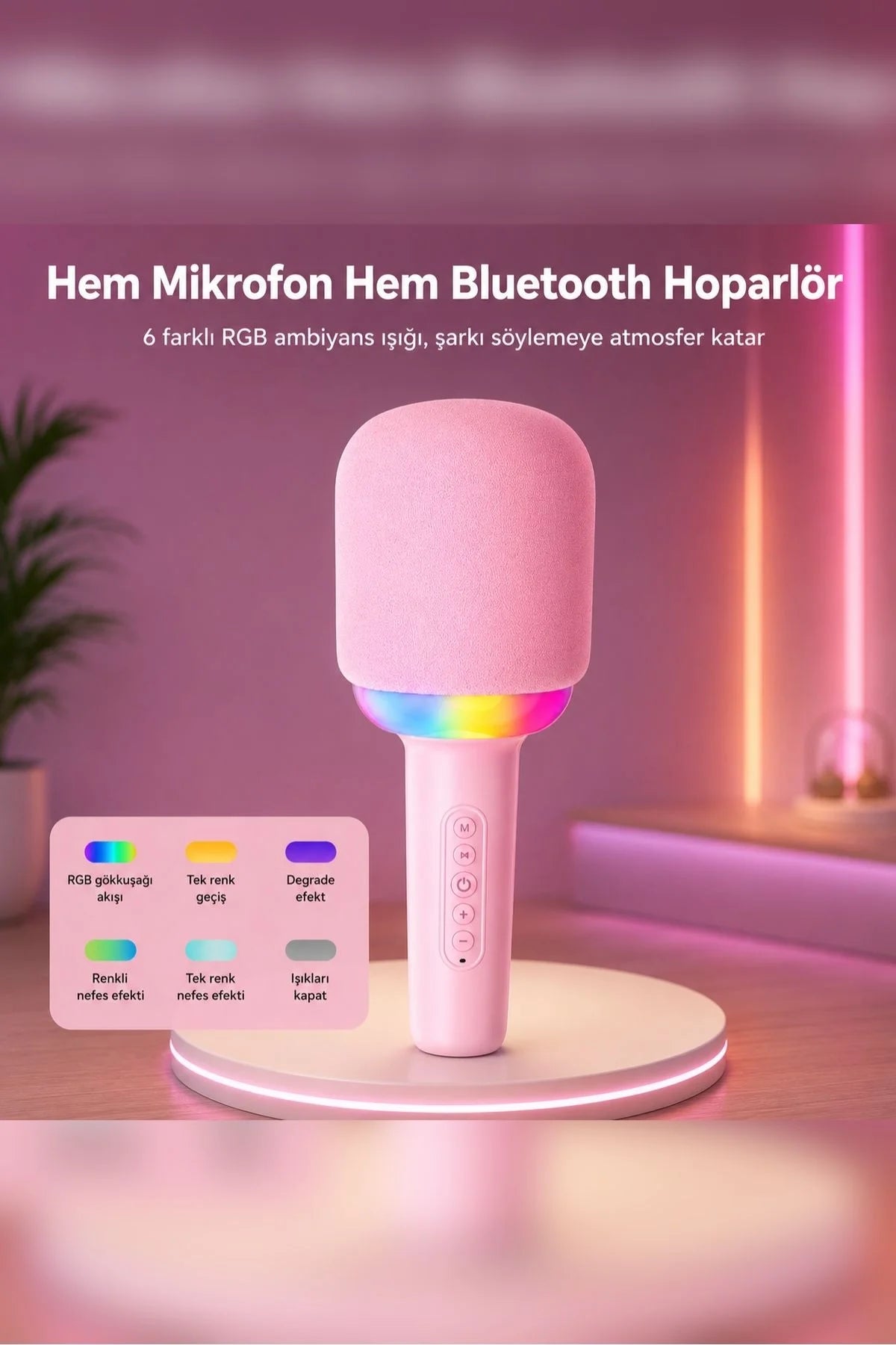 Kablosuz Bluetooth Karaoke Mikrofonu 5W RGB Işıklı Taşınabilir Kablosuz Mikrofon Şarjlı 1200 mAh