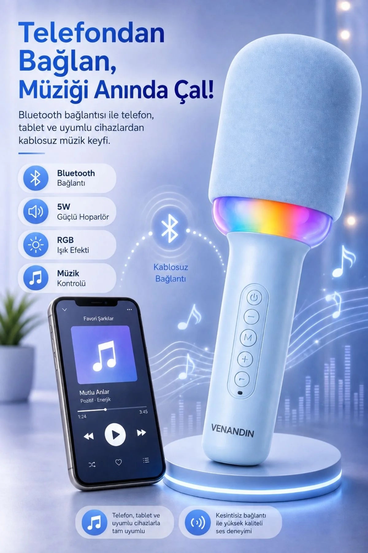Kablosuz Bluetooth Karaoke Mikrofonu 5W RGB Işıklı Taşınabilir Kablosuz Mikrofon Şarjlı 1200 mAh