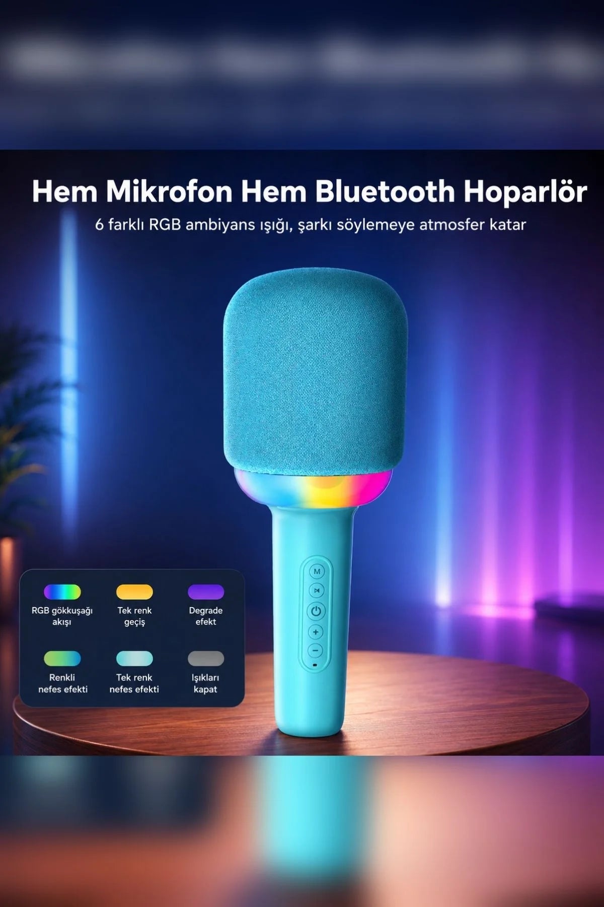 Kablosuz Bluetooth Karaoke Mikrofonu 5W RGB Işıklı Taşınabilir Kablosuz Mikrofon Şarjlı 1200 mAh