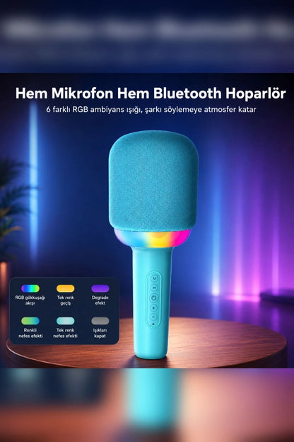 Kablosuz Bluetooth Karaoke Mikrofonu 5W RGB Işıklı Taşınabilir Kablosuz Mikrofon Şarjlı 1200 mAh