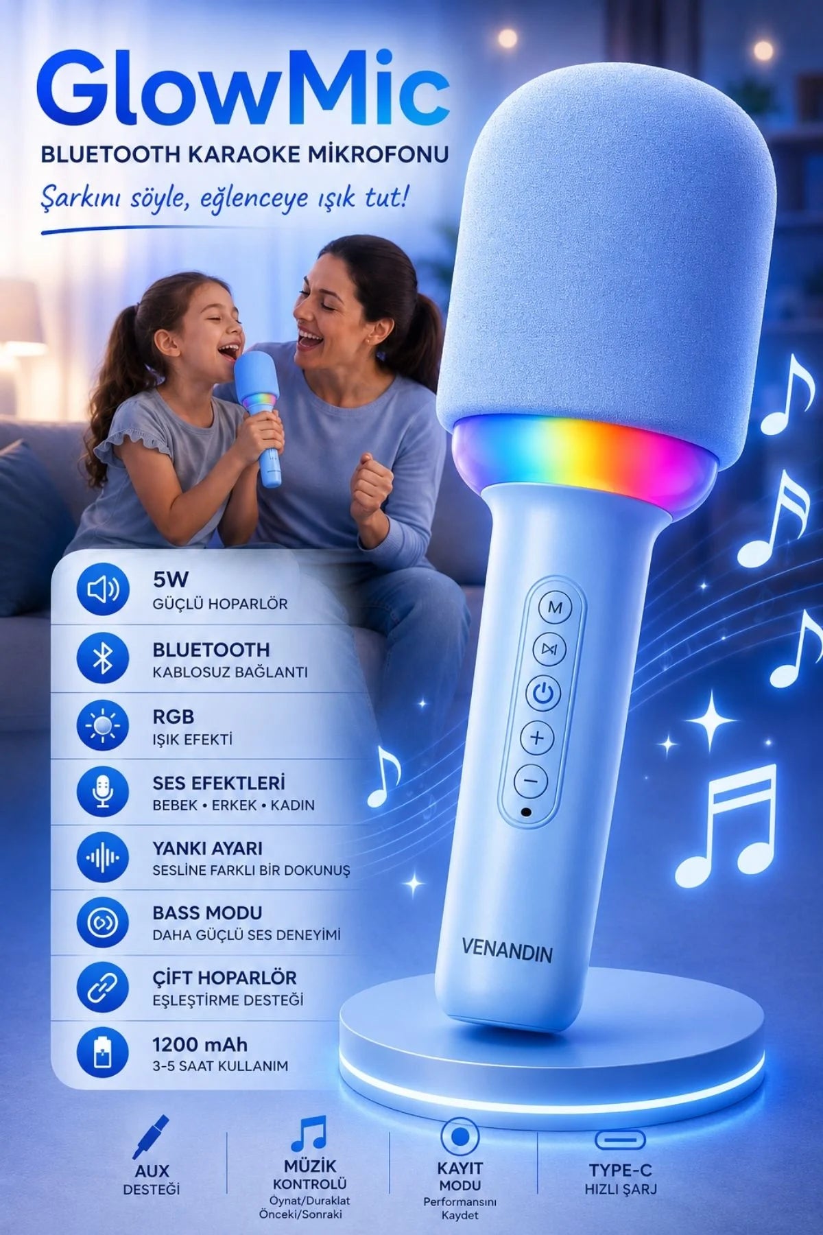 Kablosuz Bluetooth Karaoke Mikrofonu 5W RGB Işıklı Taşınabilir Kablosuz Mikrofon Şarjlı 1200 mAh
