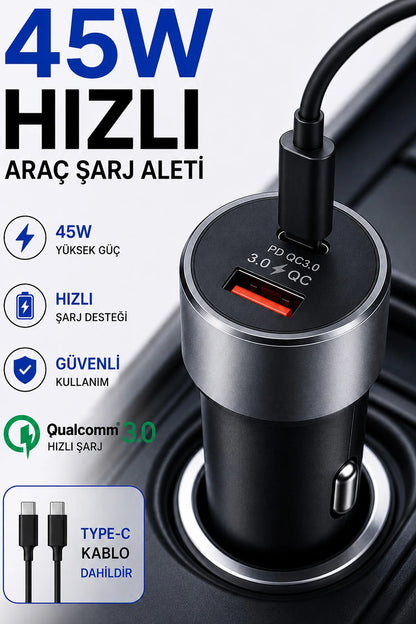 45W Hızlı Araç Şarj Aleti Type C Samsung iPhone Telefonlar İçin 45W Hızlı Araba Şarjı Cihazı ve Kablo