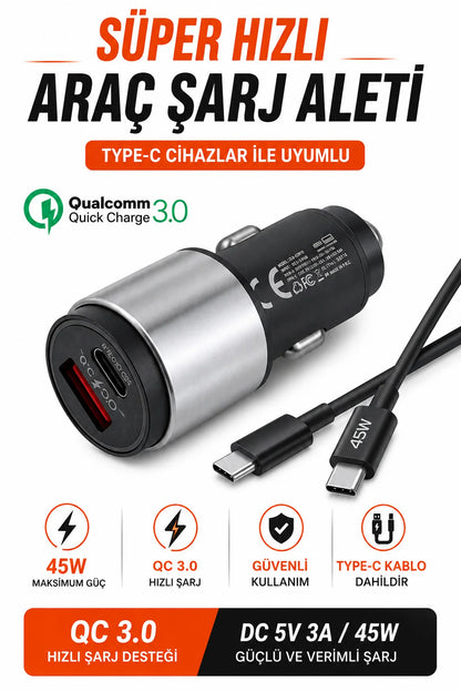 45W Hızlı Araç Şarj Aleti Type C Samsung iPhone Telefonlar İçin 45W Hızlı Araba Şarjı Cihazı ve Kablo