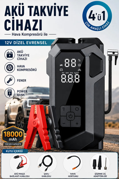 Araç Akü Takviye Cihazı Hava Kompresörü 4'ü1 Arada Şarjlı Marş Basma Jump Starter Powerbank 18000mAh