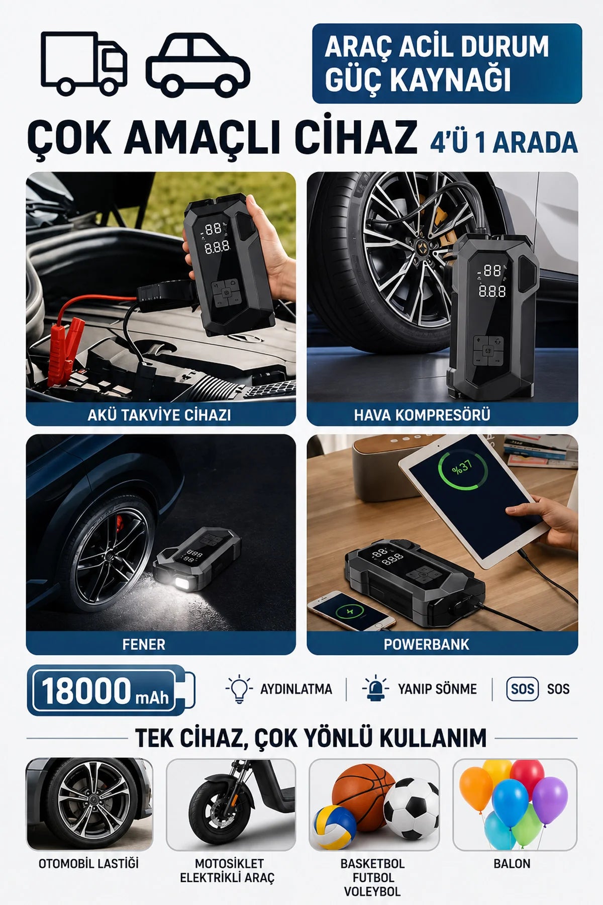 Araç Akü Takviye Cihazı Hava Kompresörü 4'ü1 Arada Şarjlı Marş Basma Jump Starter Powerbank 18000mAh