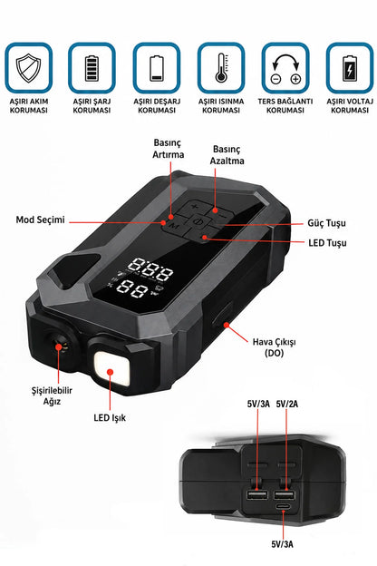 Araç Akü Takviye Cihazı Hava Kompresörü 4'ü1 Arada Şarjlı Marş Basma Jump Starter Powerbank 18000mAh