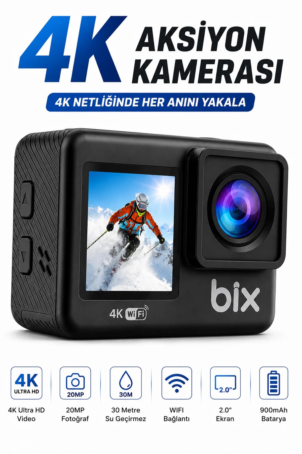 4K Ultra HD Çift Ekranlı Aksiyon Kamerası Wi-Fi 20MP Sony Sensörlü Motosiklet Kask Bisiklet Seti