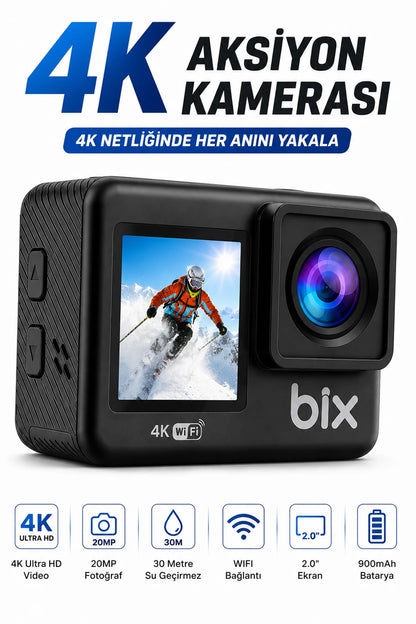 4K Ultra HD Çift Ekranlı Aksiyon Kamerası Wi-Fi 20MP Sony Sensörlü Motosiklet Kask Bisiklet Seti