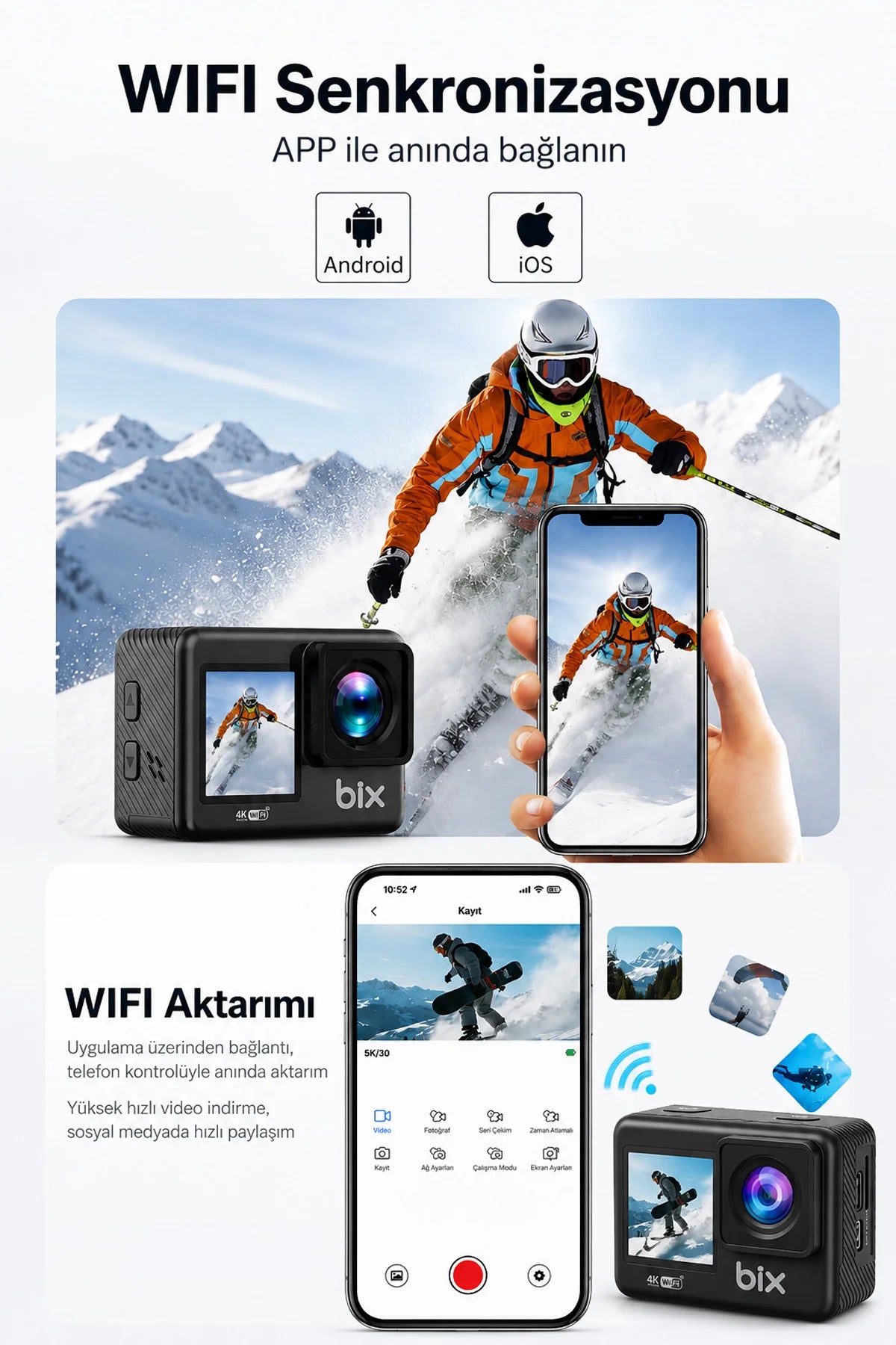 4K Ultra HD Çift Ekranlı Aksiyon Kamerası Wi-Fi 20MP Sony Sensörlü Motosiklet Kask Bisiklet Seti