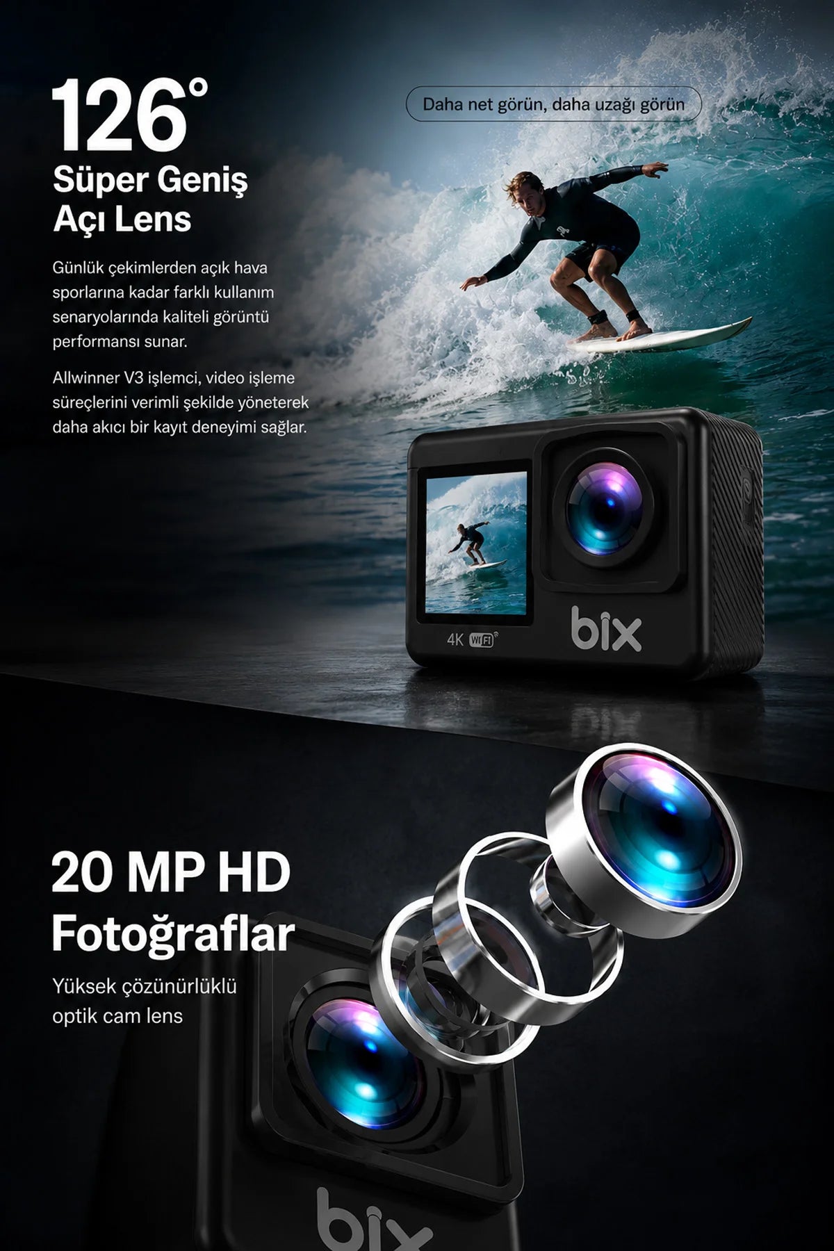 4K Ultra HD Çift Ekranlı Aksiyon Kamerası Wi-Fi 20MP Sony Sensörlü Motosiklet Kask Bisiklet Seti
