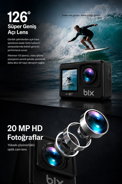 4K Ultra HD Çift Ekranlı Aksiyon Kamerası Wi-Fi 20MP Sony Sensörlü Motosiklet Kask Bisiklet Seti