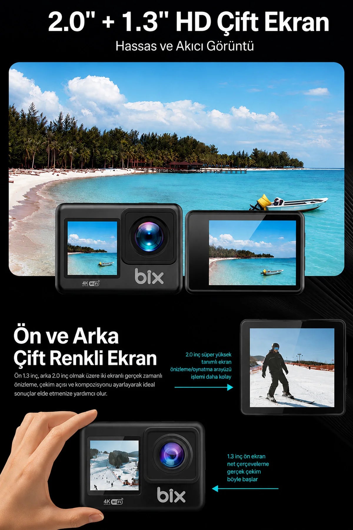 4K Ultra HD Çift Ekranlı Aksiyon Kamerası Wi-Fi 20MP Sony Sensörlü Motosiklet Kask Bisiklet Seti