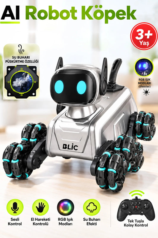 Akıllı AI Robot Köpek Kumandalı Ses Kontrollü Akrobatik Hareketli Işık Sesli Efektli Şarjlı Oyuncak