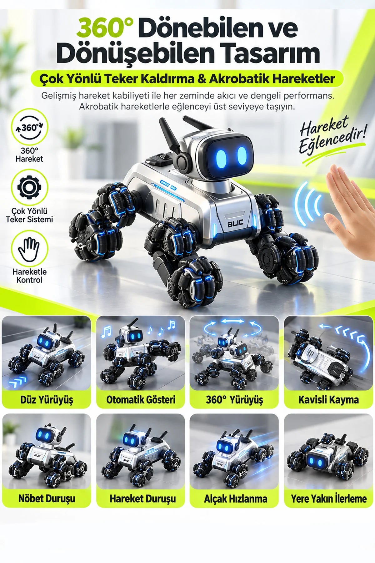 Akıllı AI Robot Köpek Kumandalı Ses Kontrollü Akrobatik Hareketli Işık Sesli Efektli Şarjlı Oyuncak