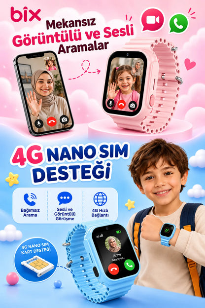 Akıllı Çocuk  Saati 4G Sim Kartlı GPS Rota Takipli SOS Kameralı Görüntülü Konuşmalı Kız Erkek Saat
