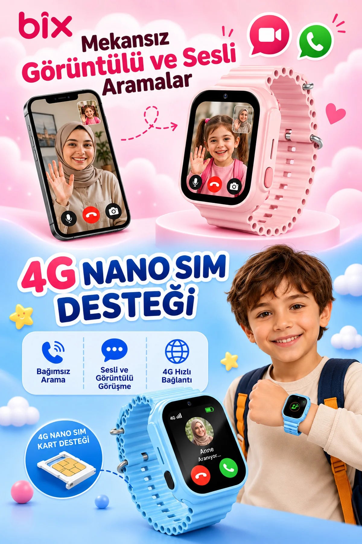 Akıllı Çocuk  Saati 4G Sim Kartlı GPS Rota Takipli SOS Kameralı Görüntülü Konuşmalı Kız Erkek Saat