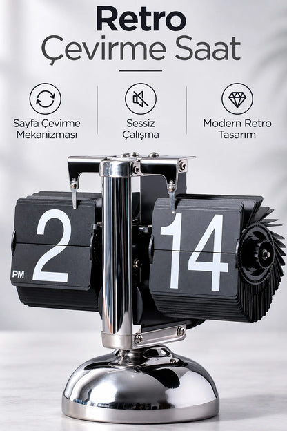 Masaüstü Mekanik Sayfa Çevirmeli Retro Saat Vintage Minimalist Yaprak Masa Saati Paslanmaz Çelik