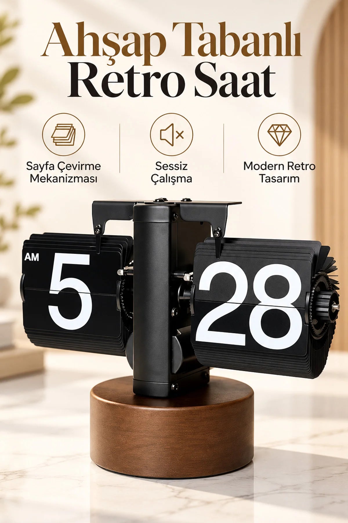 Yaprak Masa Saati Otomatik Sayfa Çevirmeli Retro Mekanik Ahşap Tasarım Flip Clock Ofis Aksesuarı