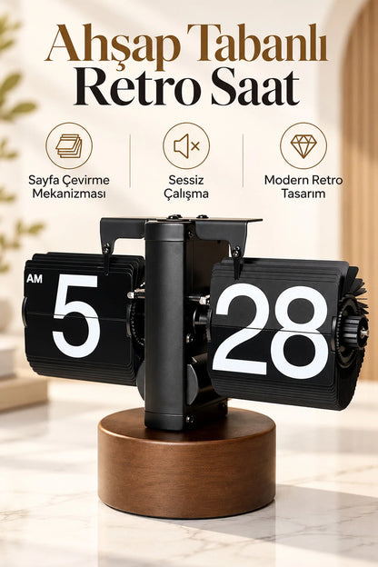 Yaprak Masa Saati Otomatik Sayfa Çevirmeli Retro Mekanik Ahşap Tasarım Flip Clock Ofis Aksesuarı