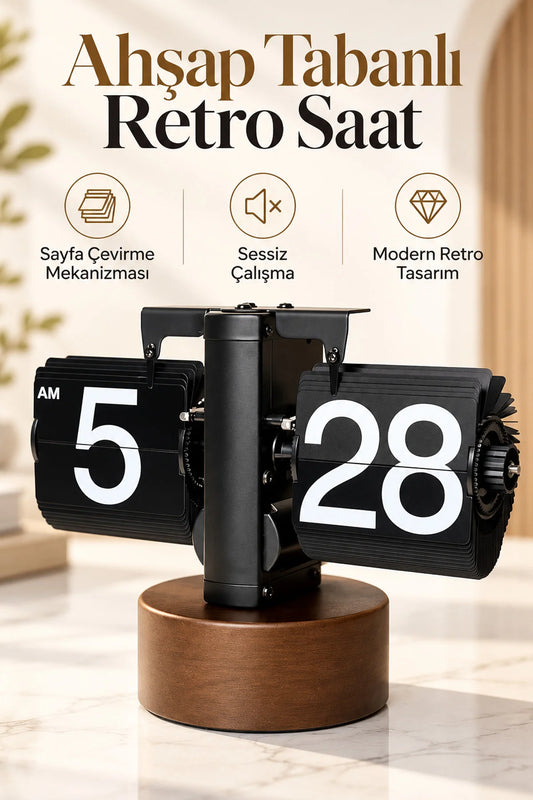 Yaprak Masa Saati Otomatik Sayfa Çevirmeli Retro Mekanik Ahşap Tasarım Flip Clock Ofis Aksesuarı