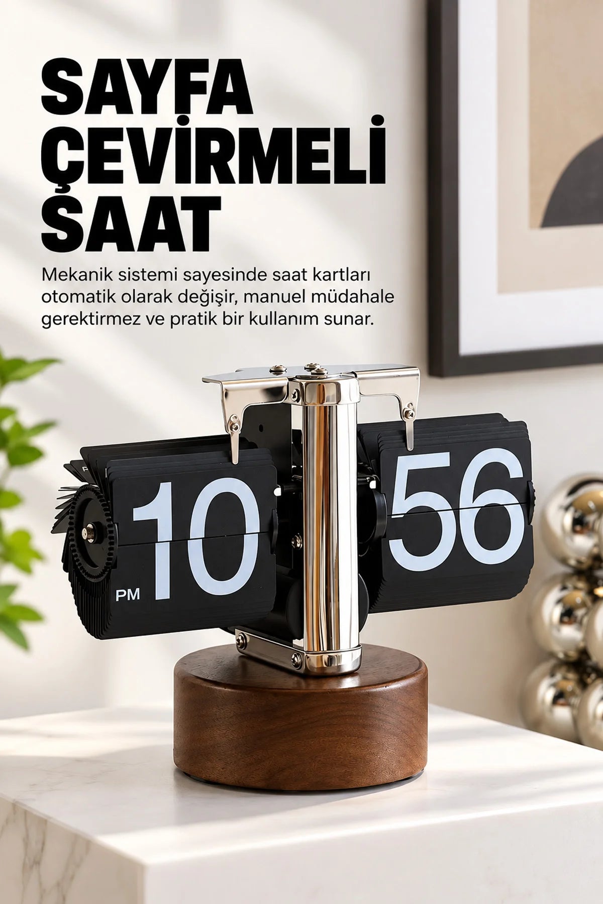 Yaprak Masa Saati Otomatik Sayfa Çevirmeli Retro Mekanik Ahşap Tasarım Flip Clock Ofis Aksesuarı