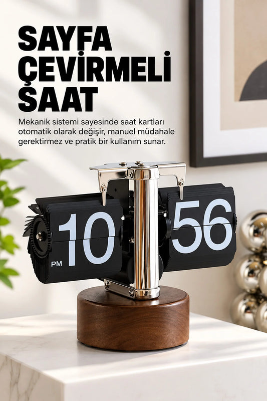 Yaprak Masa Saati Otomatik Sayfa Çevirmeli Retro Mekanik Ahşap Tasarım Flip Clock Ofis Aksesuarı