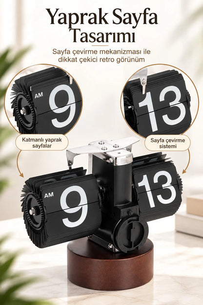Yaprak Masa Saati Otomatik Sayfa Çevirmeli Retro Mekanik Ahşap Tasarım Flip Clock Ofis Aksesuarı