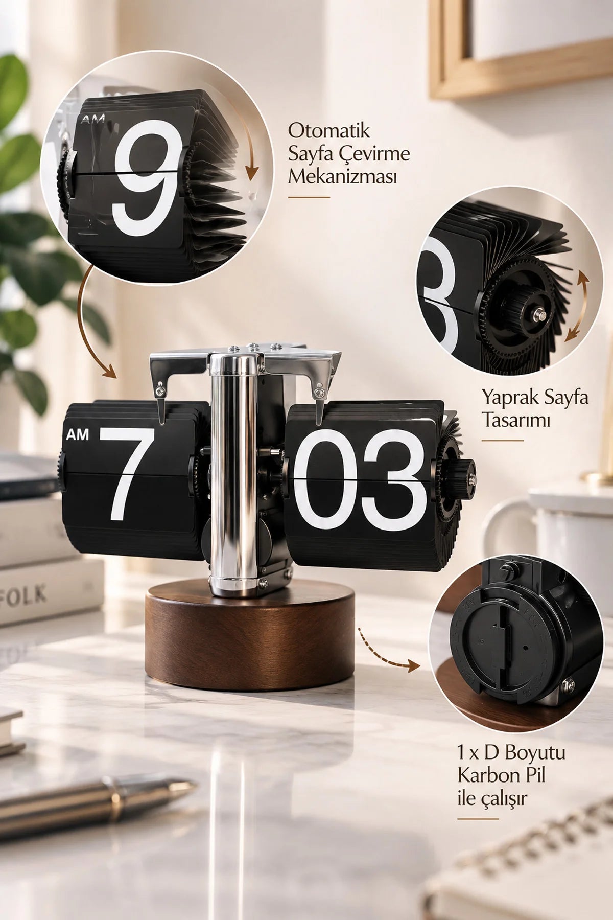 Yaprak Masa Saati Otomatik Sayfa Çevirmeli Retro Mekanik Ahşap Tasarım Flip Clock Ofis Aksesuarı