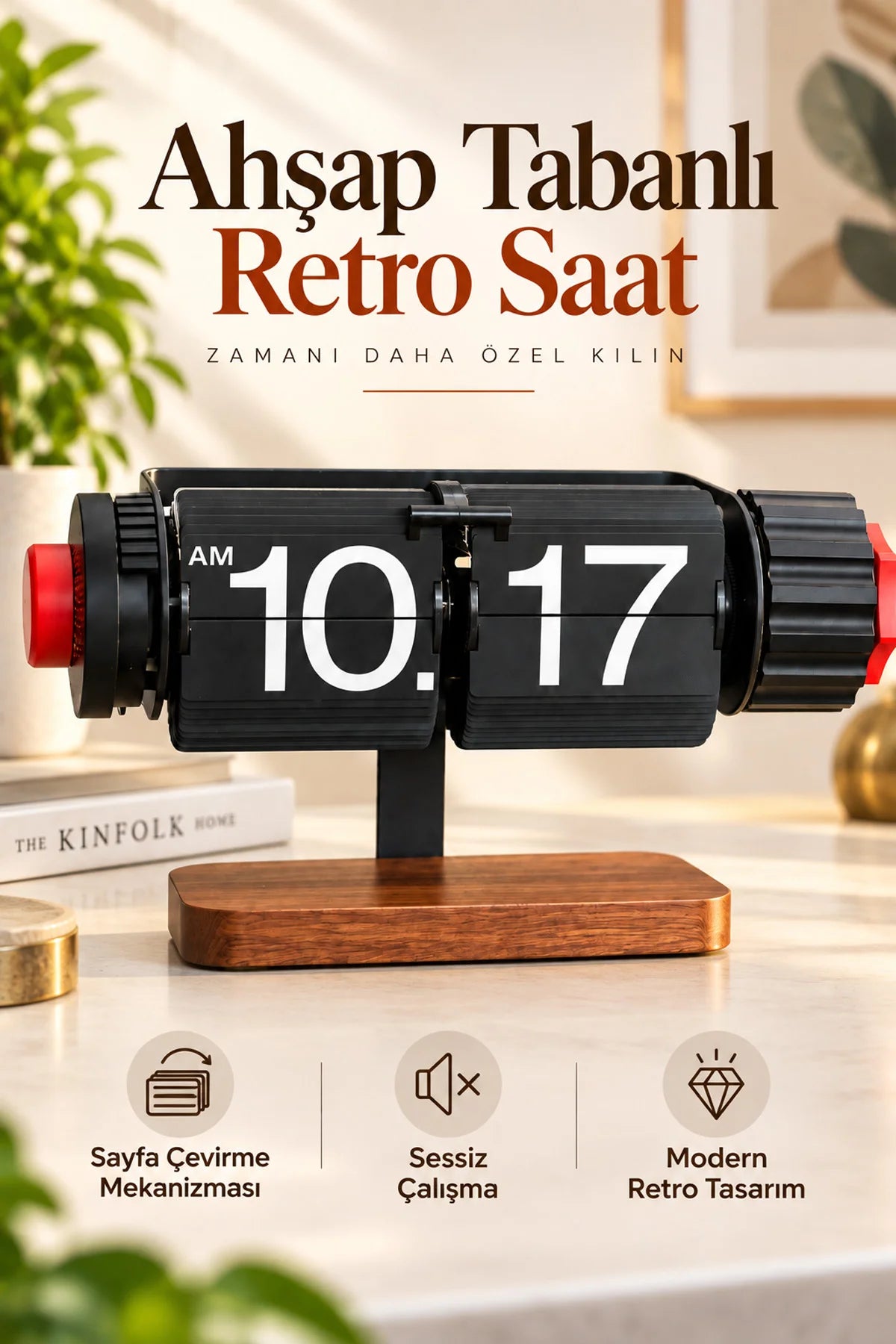 Sayfa Çevirmeli Retro Saat Ahşap Tasarım Flip Yaprak Masaüstü Mekanik Masa Saati Alarmlı Çalar Saat