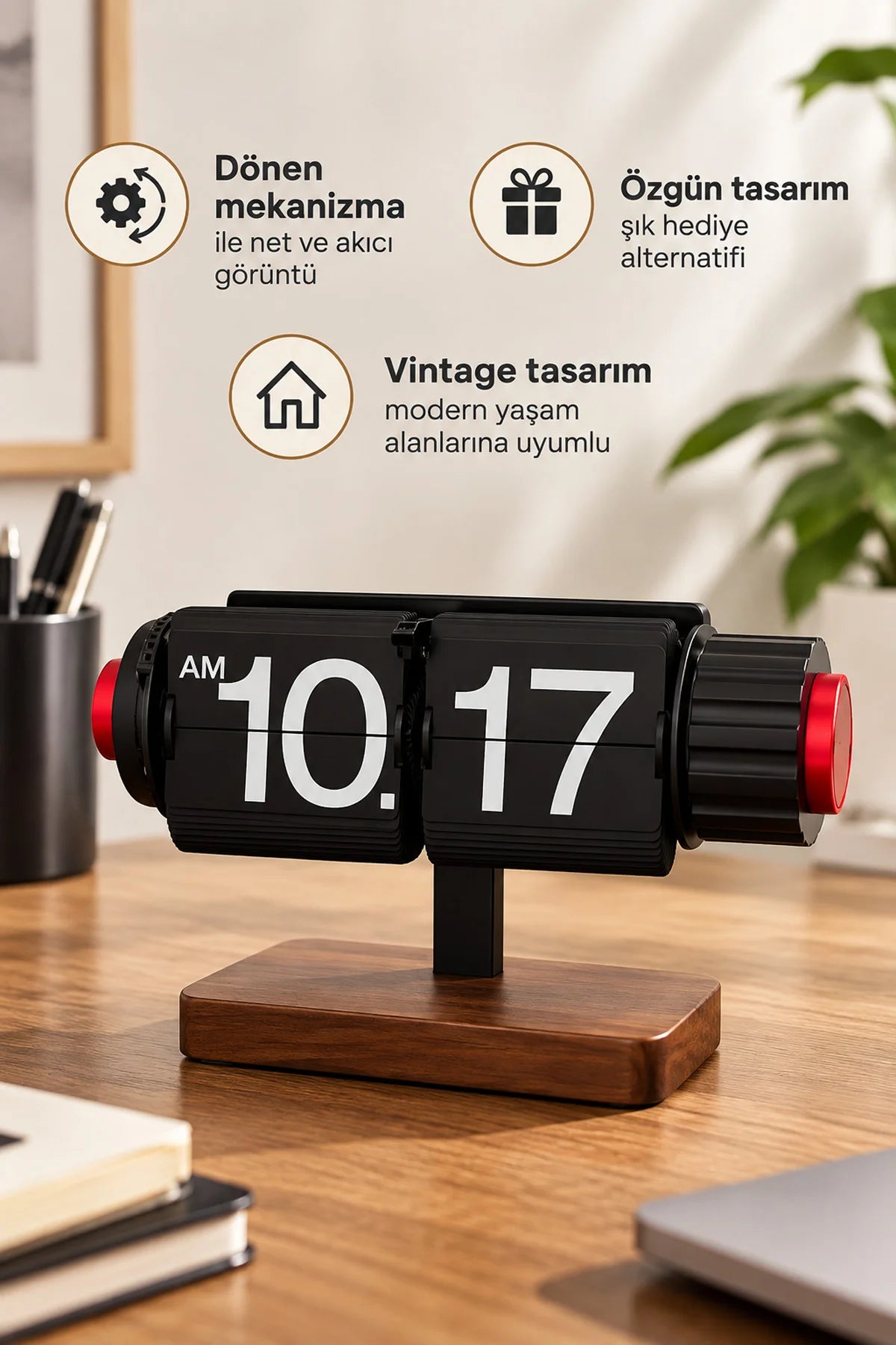 Sayfa Çevirmeli Retro Saat Ahşap Tasarım Flip Yaprak Masaüstü Mekanik Masa Saati Alarmlı Çalar Saat