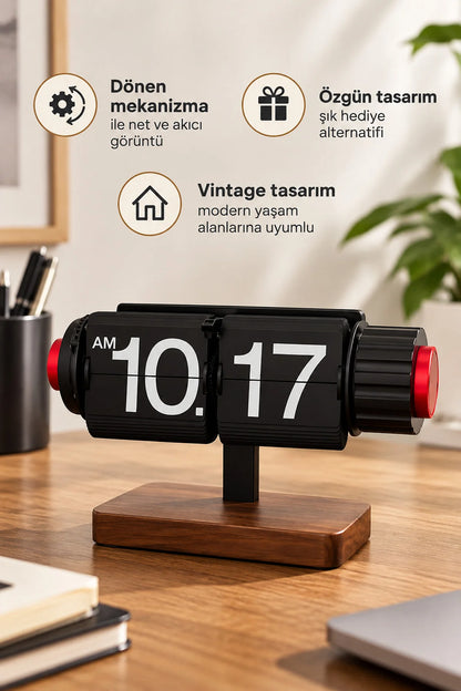 Sayfa Çevirmeli Retro Saat Ahşap Tasarım Flip Yaprak Masaüstü Mekanik Masa Saati Alarmlı Çalar Saat